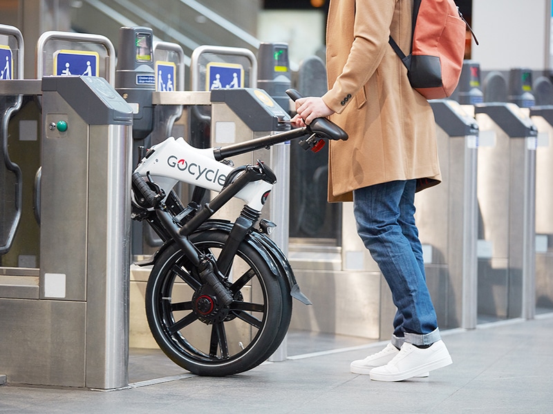 The Gocycle GX can be wheeled along once folded