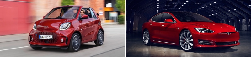 Smart fortwo electric cabriolet (left), Tesla Model S (right)